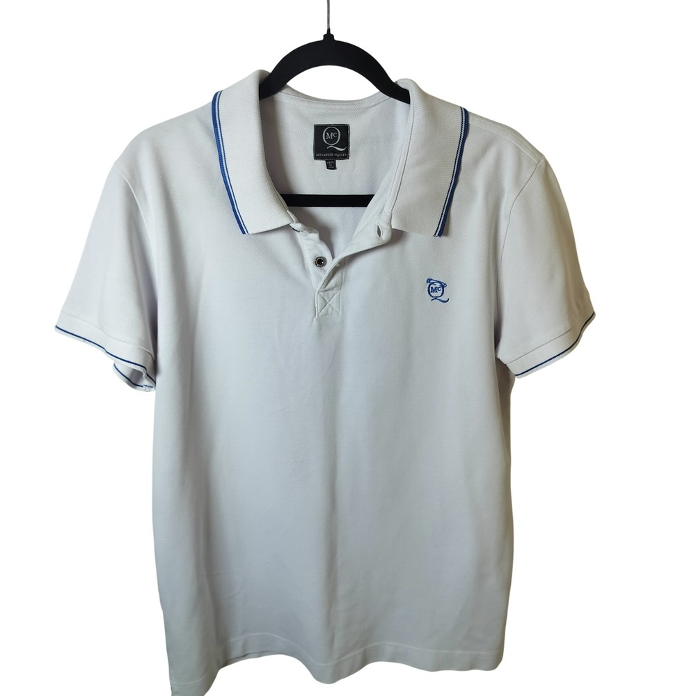 McQ Alexander McQueen Mens White Pique Polo Shirt Blue Tipping Logo XXL‎